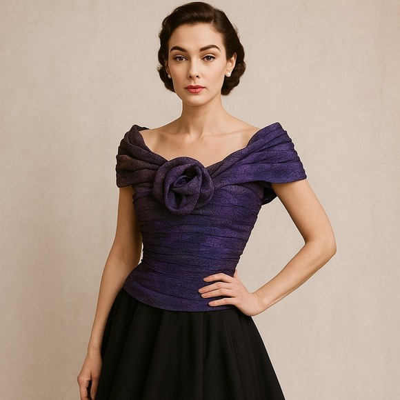 Vintage Tops - Vintage 50's Handmade Ruched Silk Dark‎ Watercolor Off the Shoulder Top